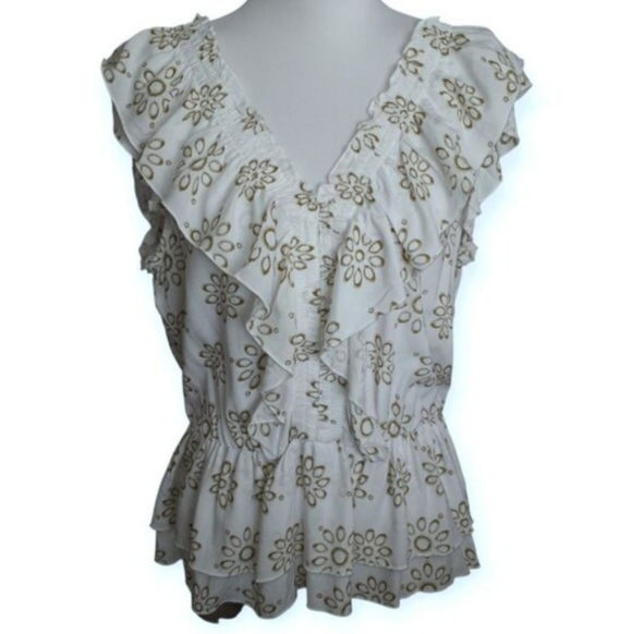 CeCe Floral Ruffle White & Green Blouse Sz.M EUC. - Picture 2 of 7